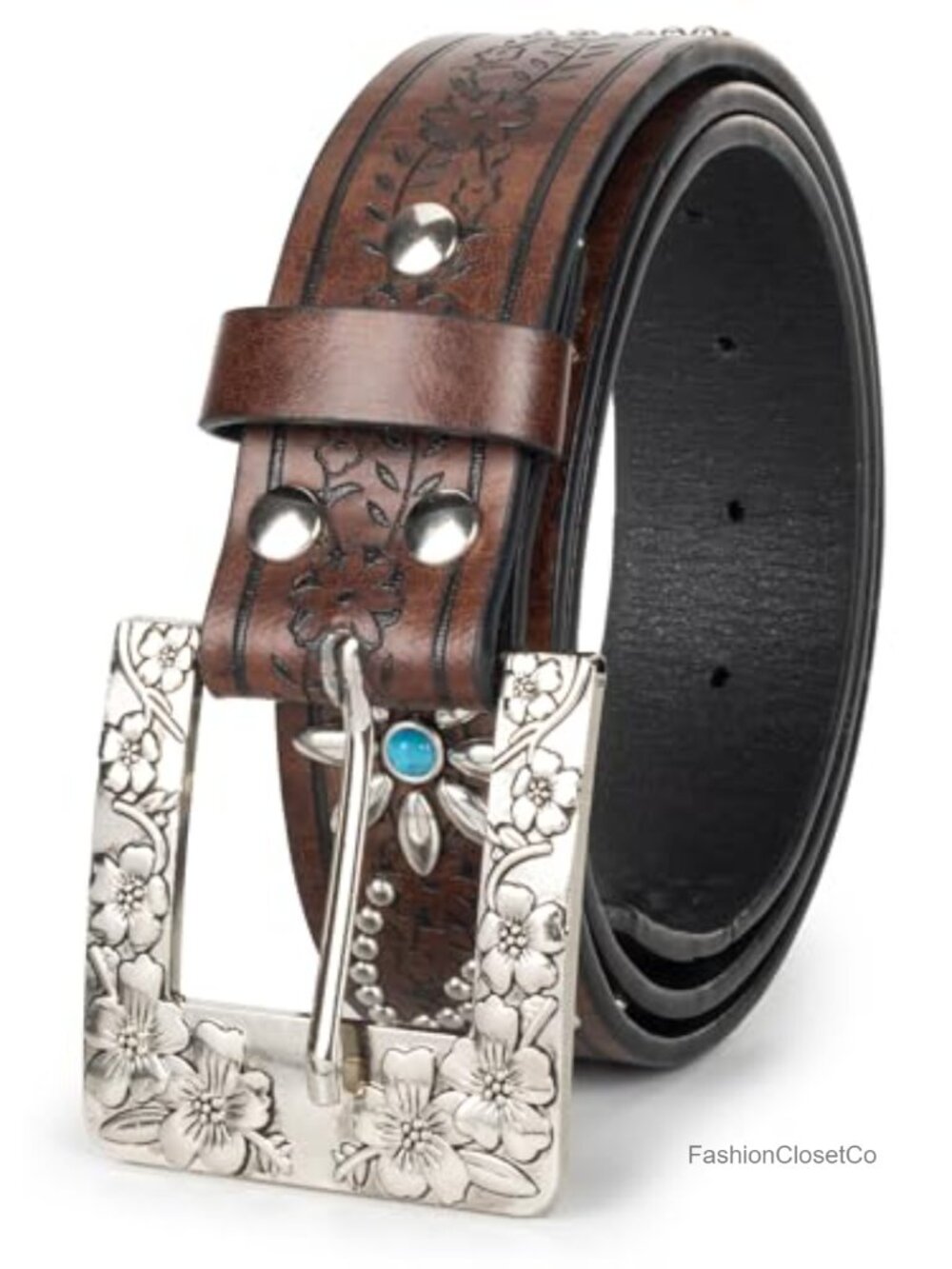 Western Belt Rhinestone Buckle Faux Leather Floral Embossed Cowgirl